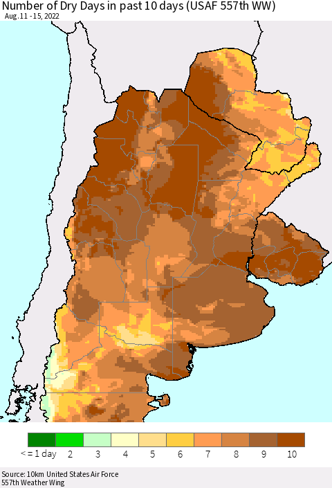 Southern South America Number of Dry Days in past 10 days (USAF 557th WW) Thematic Map For 8/11/2022 - 8/15/2022
