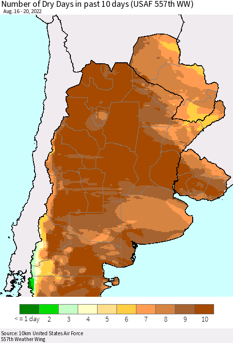 Southern South America Number of Dry Days in past 10 days (USAF 557th WW) Thematic Map For 8/16/2022 - 8/20/2022
