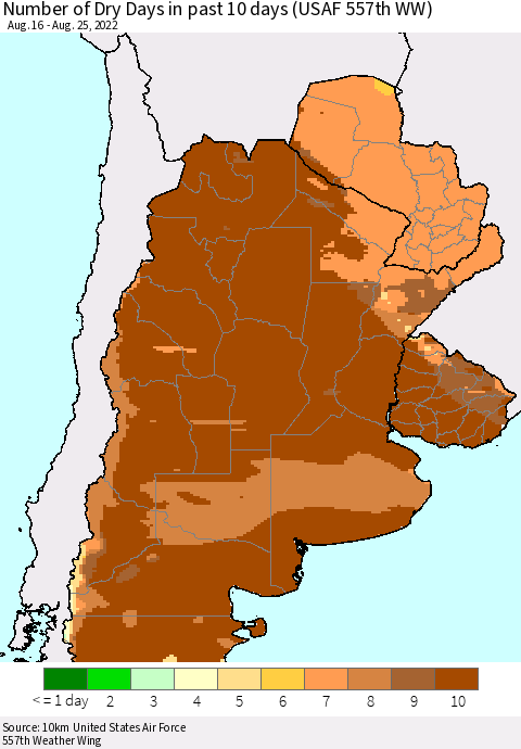 Southern South America Number of Dry Days in past 10 days (USAF 557th WW) Thematic Map For 8/21/2022 - 8/25/2022
