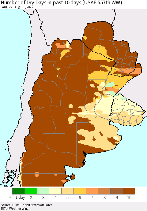 Southern South America Number of Dry Days in past 10 days (USAF 557th WW) Thematic Map For 8/26/2022 - 8/31/2022