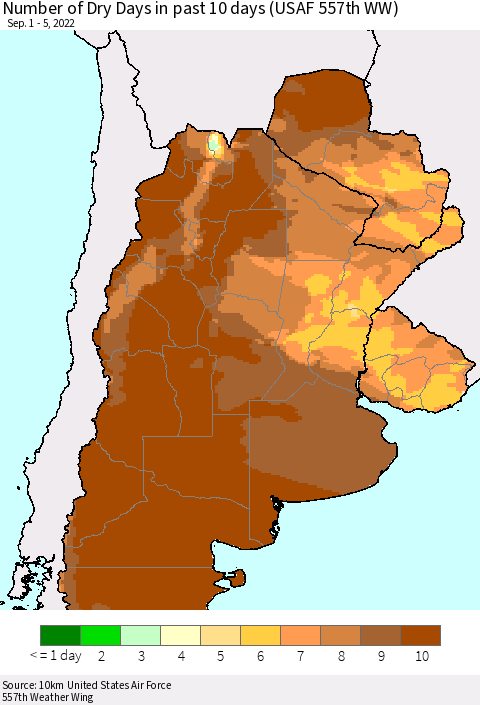 Southern South America Number of Dry Days in past 10 days (USAF 557th WW) Thematic Map For 9/1/2022 - 9/5/2022