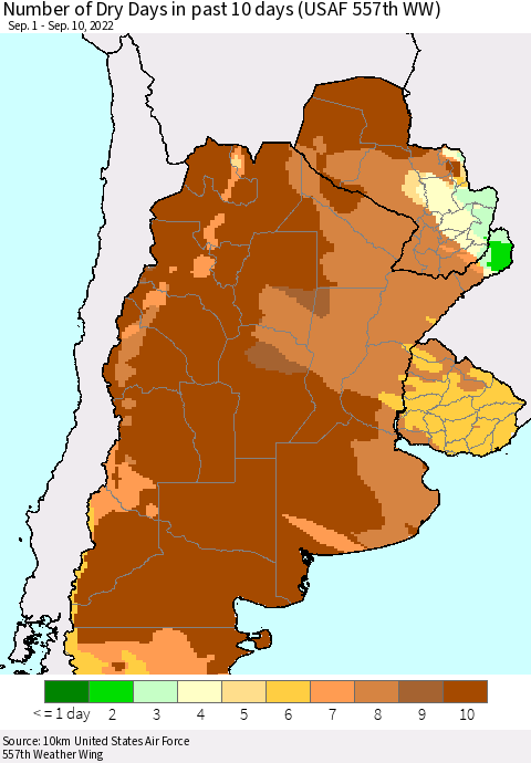 Southern South America Number of Dry Days in past 10 days (USAF 557th WW) Thematic Map For 9/6/2022 - 9/10/2022