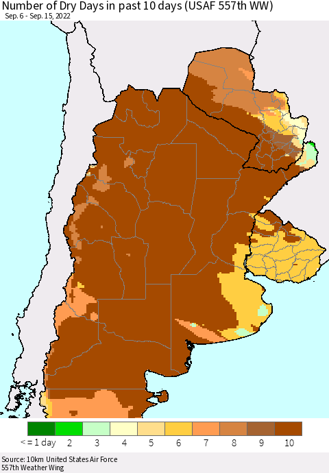 Southern South America Number of Dry Days in past 10 days (USAF 557th WW) Thematic Map For 9/11/2022 - 9/15/2022