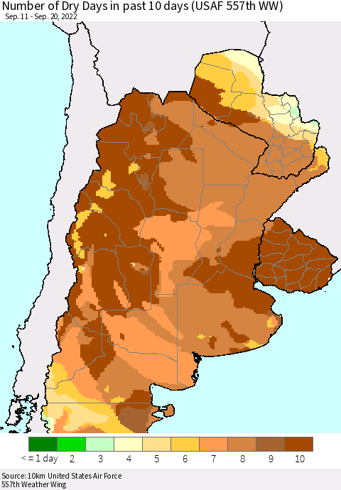 Southern South America Number of Dry Days in past 10 days (USAF 557th WW) Thematic Map For 9/16/2022 - 9/20/2022