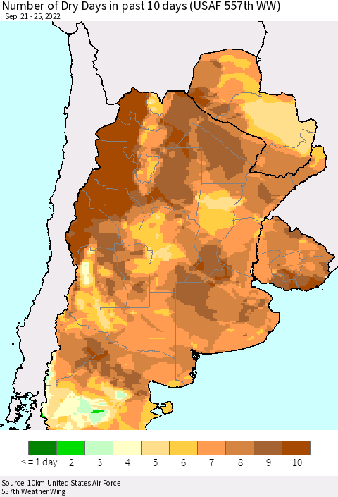 Southern South America Number of Dry Days in past 10 days (USAF 557th WW) Thematic Map For 9/21/2022 - 9/25/2022