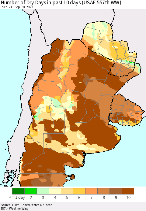 Southern South America Number of Dry Days in past 10 days (USAF 557th WW) Thematic Map For 9/26/2022 - 9/30/2022