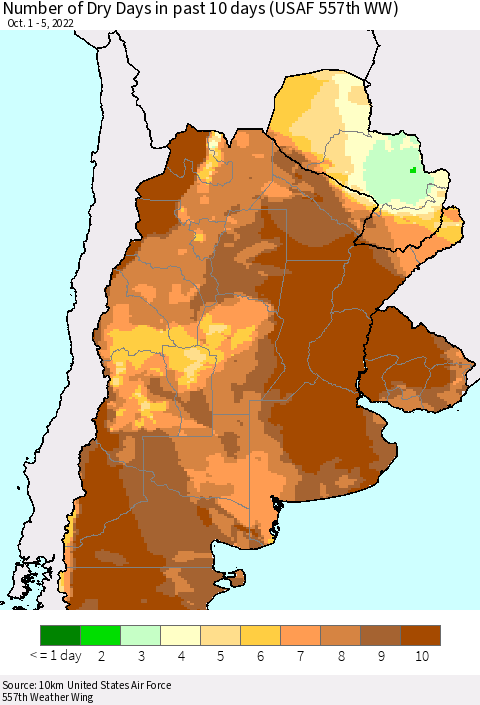 Southern South America Number of Dry Days in past 10 days (USAF 557th WW) Thematic Map For 10/1/2022 - 10/5/2022
