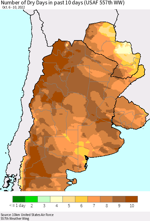Southern South America Number of Dry Days in past 10 days (USAF 557th WW) Thematic Map For 10/6/2022 - 10/10/2022