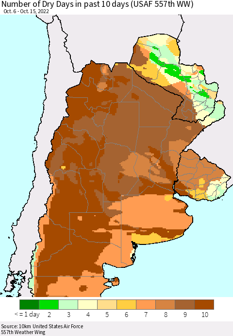 Southern South America Number of Dry Days in past 10 days (USAF 557th WW) Thematic Map For 10/11/2022 - 10/15/2022