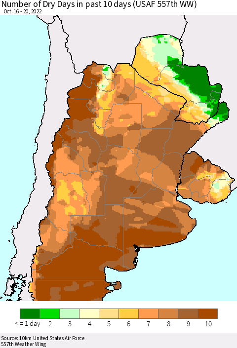 Southern South America Number of Dry Days in past 10 days (USAF 557th WW) Thematic Map For 10/16/2022 - 10/20/2022