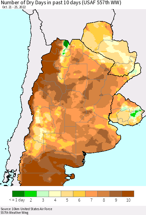 Southern South America Number of Dry Days in past 10 days (USAF 557th WW) Thematic Map For 10/21/2022 - 10/25/2022