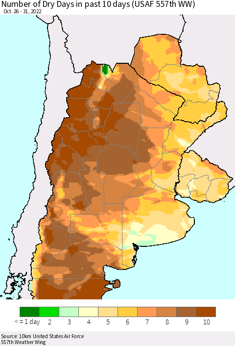 Southern South America Number of Dry Days in past 10 days (USAF 557th WW) Thematic Map For 10/26/2022 - 10/31/2022