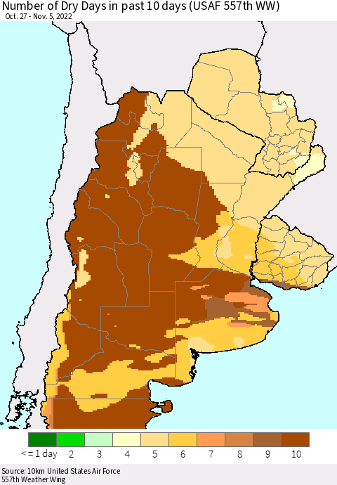 Southern South America Number of Dry Days in past 10 days (USAF 557th WW) Thematic Map For 11/1/2022 - 11/5/2022
