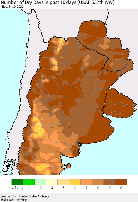 Southern South America Number of Dry Days in past 10 days (USAF 557th WW) Thematic Map For 11/6/2022 - 11/10/2022