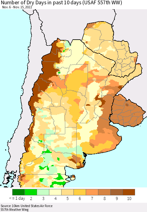 Southern South America Number of Dry Days in past 10 days (USAF 557th WW) Thematic Map For 11/11/2022 - 11/15/2022