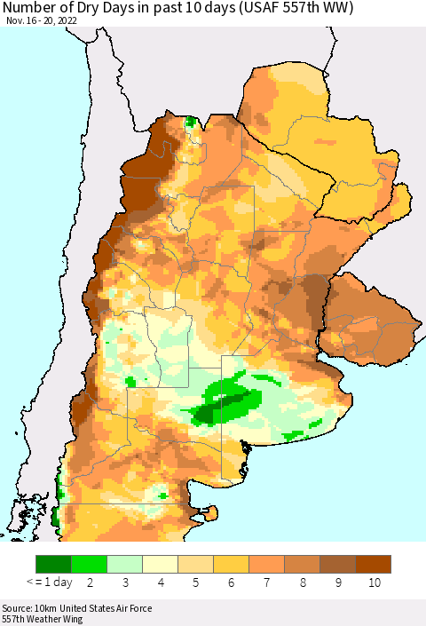 Southern South America Number of Dry Days in past 10 days (USAF 557th WW) Thematic Map For 11/16/2022 - 11/20/2022