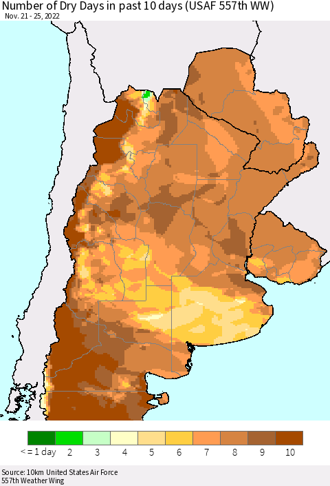Southern South America Number of Dry Days in past 10 days (USAF 557th WW) Thematic Map For 11/21/2022 - 11/25/2022