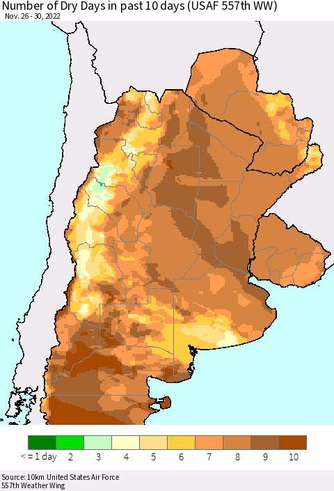 Southern South America Number of Dry Days in past 10 days (USAF 557th WW) Thematic Map For 11/26/2022 - 11/30/2022