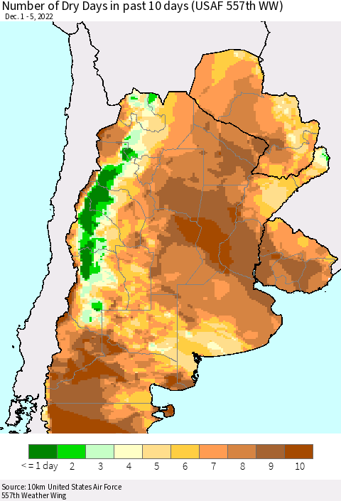 Southern South America Number of Dry Days in past 10 days (USAF 557th WW) Thematic Map For 12/1/2022 - 12/5/2022