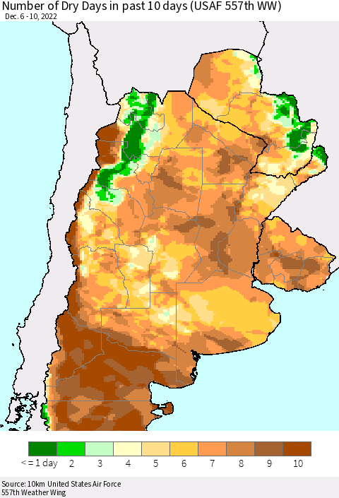 Southern South America Number of Dry Days in past 10 days (USAF 557th WW) Thematic Map For 12/6/2022 - 12/10/2022