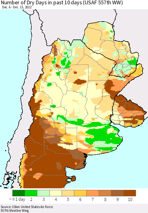 Southern South America Number of Dry Days in past 10 days (USAF 557th WW) Thematic Map For 12/11/2022 - 12/15/2022