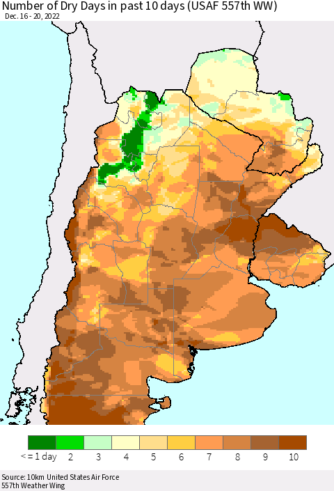 Southern South America Number of Dry Days in past 10 days (USAF 557th WW) Thematic Map For 12/16/2022 - 12/20/2022