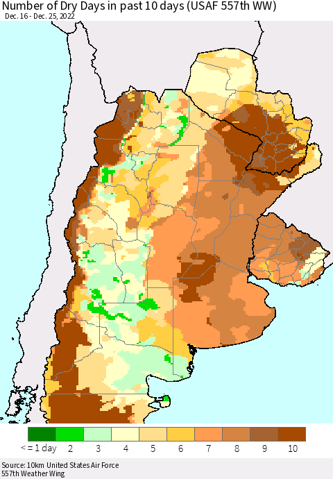 Southern South America Number of Dry Days in past 10 days (USAF 557th WW) Thematic Map For 12/21/2022 - 12/25/2022