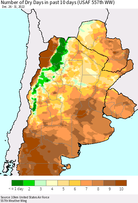 Southern South America Number of Dry Days in past 10 days (USAF 557th WW) Thematic Map For 12/26/2022 - 12/31/2022