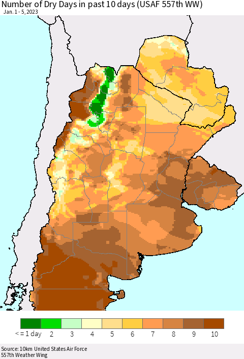 Southern South America Number of Dry Days in past 10 days (USAF 557th WW) Thematic Map For 1/1/2023 - 1/5/2023