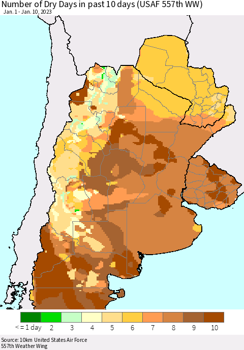 Southern South America Number of Dry Days in past 10 days (USAF 557th WW) Thematic Map For 1/6/2023 - 1/10/2023