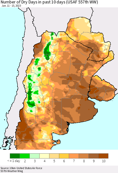 Southern South America Number of Dry Days in past 10 days (USAF 557th WW) Thematic Map For 1/11/2023 - 1/15/2023