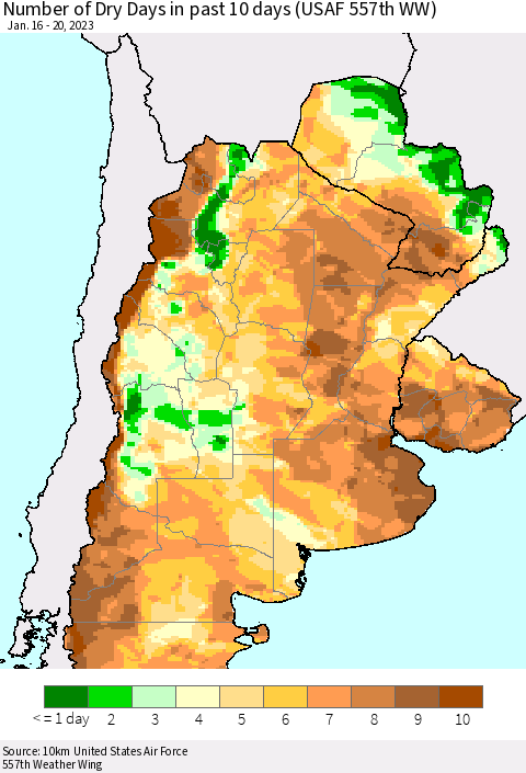 Southern South America Number of Dry Days in past 10 days (USAF 557th WW) Thematic Map For 1/16/2023 - 1/20/2023