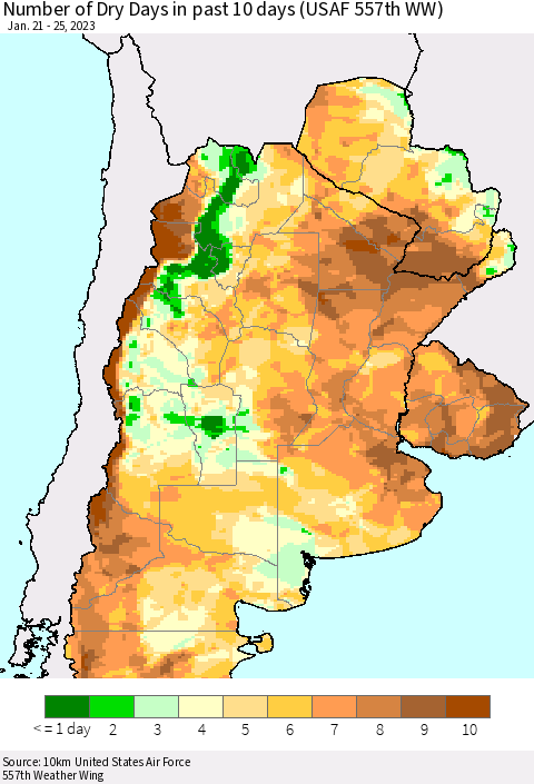 Southern South America Number of Dry Days in past 10 days (USAF 557th WW) Thematic Map For 1/21/2023 - 1/25/2023