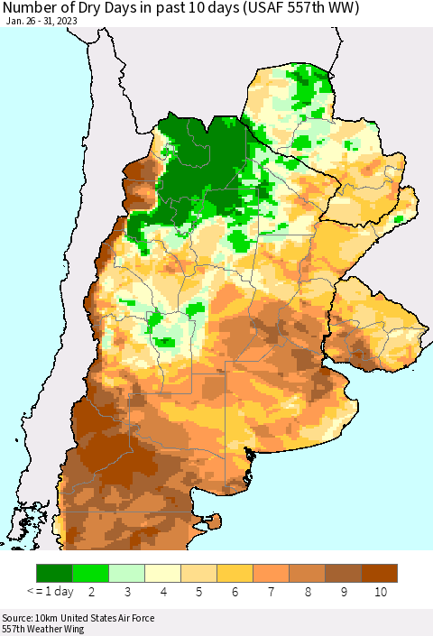 Southern South America Number of Dry Days in past 10 days (USAF 557th WW) Thematic Map For 1/26/2023 - 1/31/2023