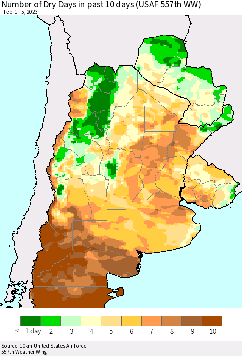 Southern South America Number of Dry Days in past 10 days (USAF 557th WW) Thematic Map For 2/1/2023 - 2/5/2023