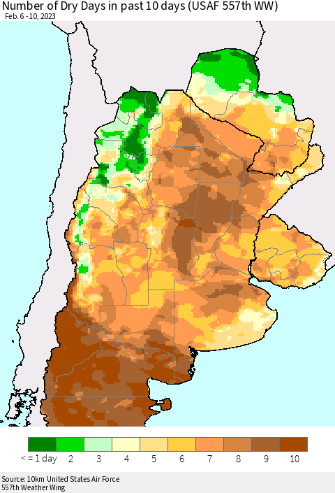 Southern South America Number of Dry Days in past 10 days (USAF 557th WW) Thematic Map For 2/6/2023 - 2/10/2023