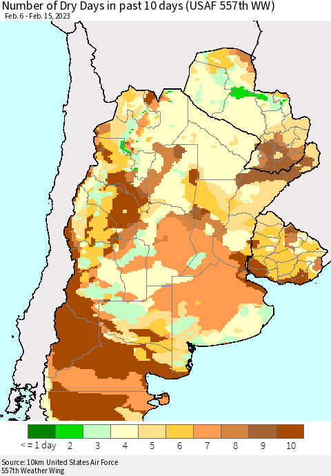 Southern South America Number of Dry Days in past 10 days (USAF 557th WW) Thematic Map For 2/11/2023 - 2/15/2023
