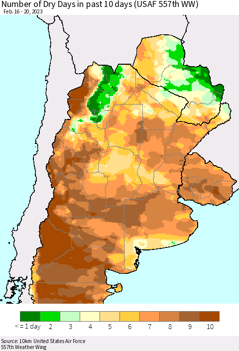 Southern South America Number of Dry Days in past 10 days (USAF 557th WW) Thematic Map For 2/16/2023 - 2/20/2023