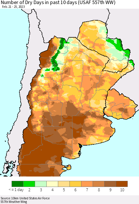 Southern South America Number of Dry Days in past 10 days (USAF 557th WW) Thematic Map For 2/21/2023 - 2/25/2023