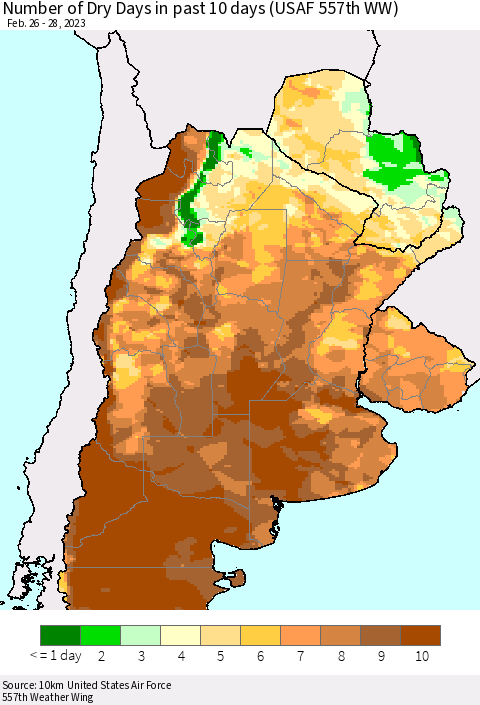 Southern South America Number of Dry Days in past 10 days (USAF 557th WW) Thematic Map For 2/26/2023 - 2/28/2023