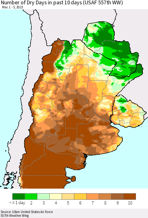 Southern South America Number of Dry Days in past 10 days (USAF 557th WW) Thematic Map For 3/1/2023 - 3/5/2023