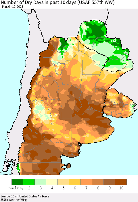 Southern South America Number of Dry Days in past 10 days (USAF 557th WW) Thematic Map For 3/6/2023 - 3/10/2023