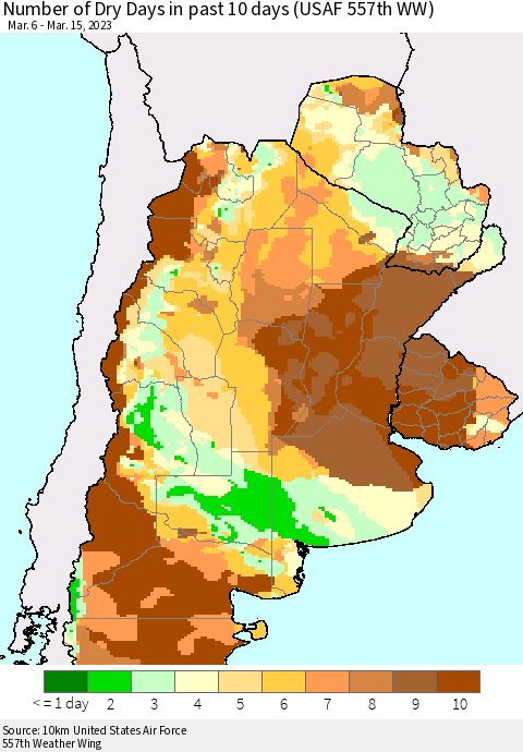 Southern South America Number of Dry Days in past 10 days (USAF 557th WW) Thematic Map For 3/11/2023 - 3/15/2023