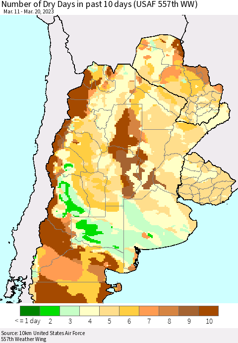 Southern South America Number of Dry Days in past 10 days (USAF 557th WW) Thematic Map For 3/16/2023 - 3/20/2023