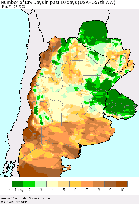 Southern South America Number of Dry Days in past 10 days (USAF 557th WW) Thematic Map For 3/21/2023 - 3/25/2023