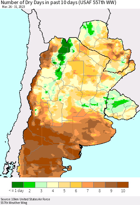 Southern South America Number of Dry Days in past 10 days (USAF 557th WW) Thematic Map For 3/26/2023 - 3/31/2023