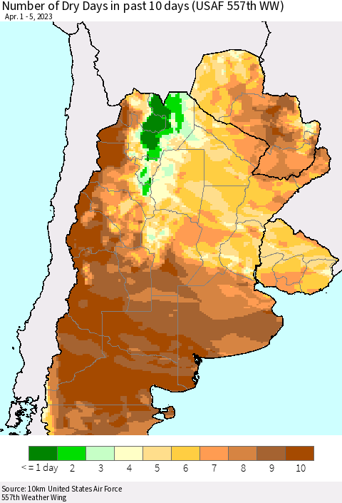 Southern South America Number of Dry Days in past 10 days (USAF 557th WW) Thematic Map For 4/1/2023 - 4/5/2023