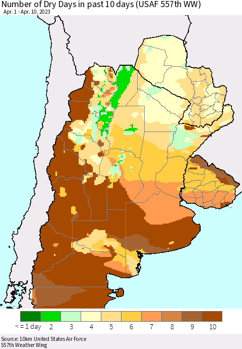 Southern South America Number of Dry Days in past 10 days (USAF 557th WW) Thematic Map For 4/6/2023 - 4/10/2023