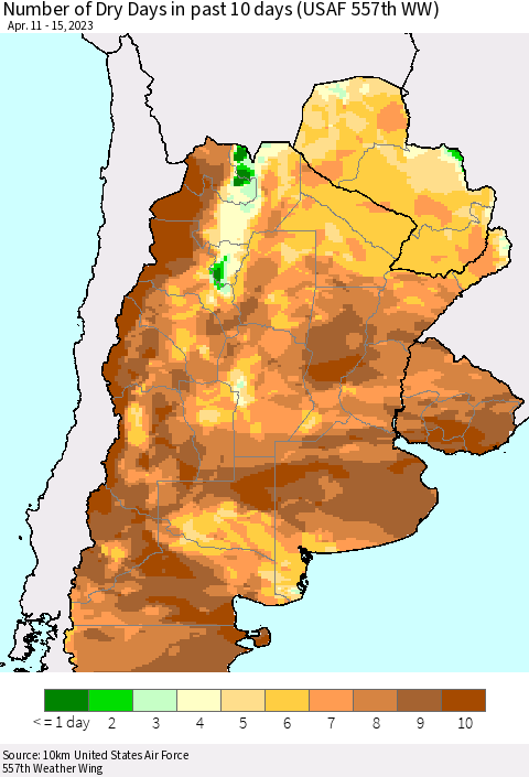 Southern South America Number of Dry Days in past 10 days (USAF 557th WW) Thematic Map For 4/11/2023 - 4/15/2023