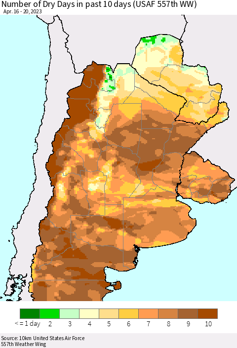 Southern South America Number of Dry Days in past 10 days (USAF 557th WW) Thematic Map For 4/16/2023 - 4/20/2023